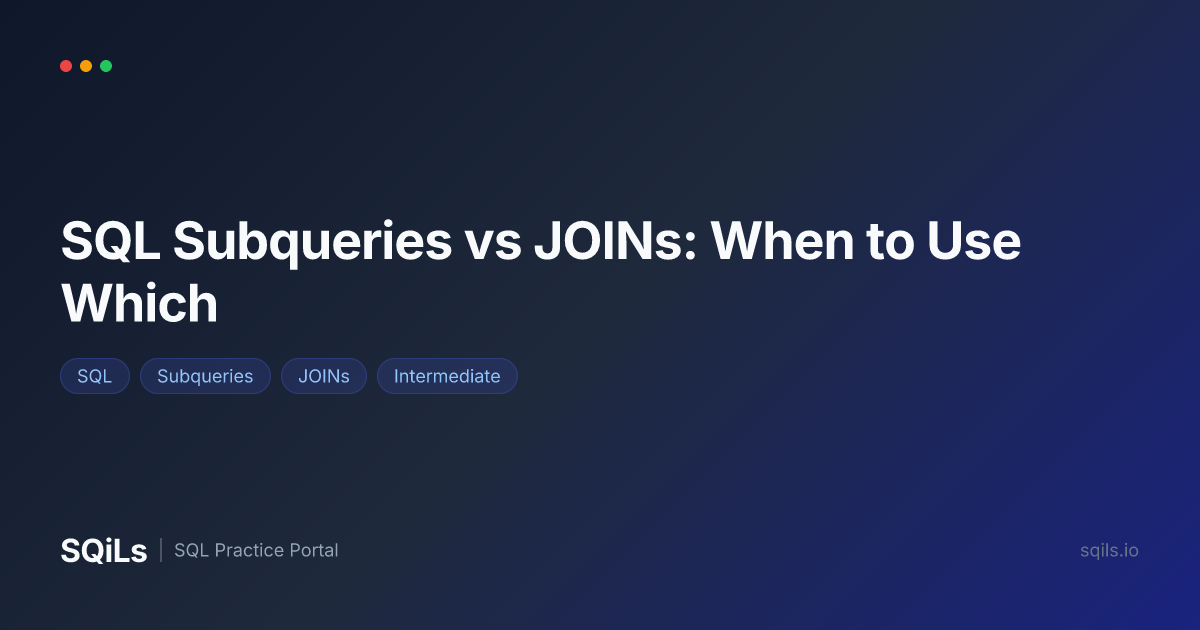Blog post cover: SQL Subqueries vs JOINs — when to use which with performance tips