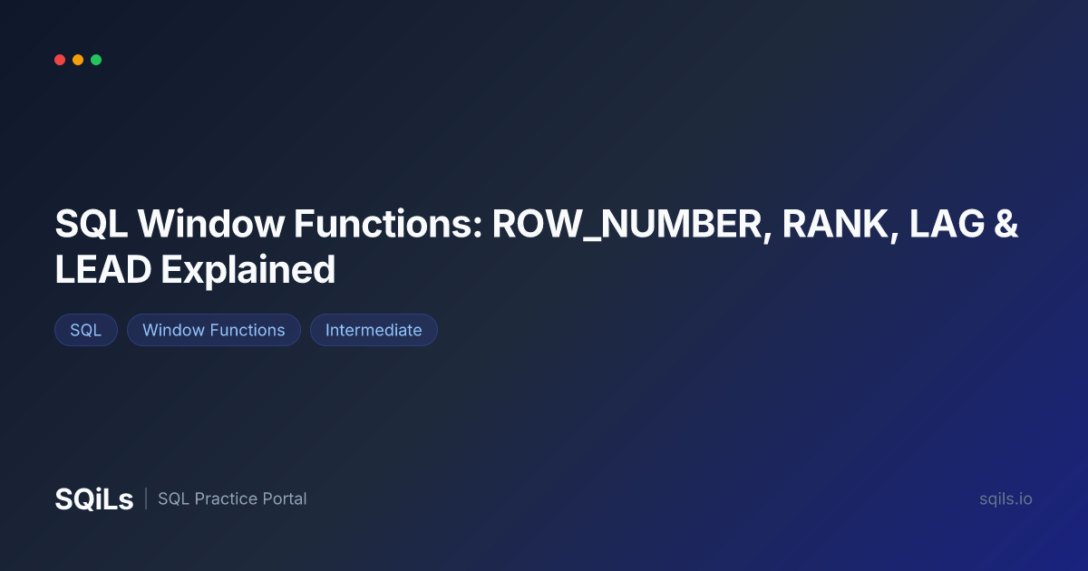 Blog post cover: SQL Window Functions — ROW_NUMBER, RANK, LAG and LEAD explained with examples
